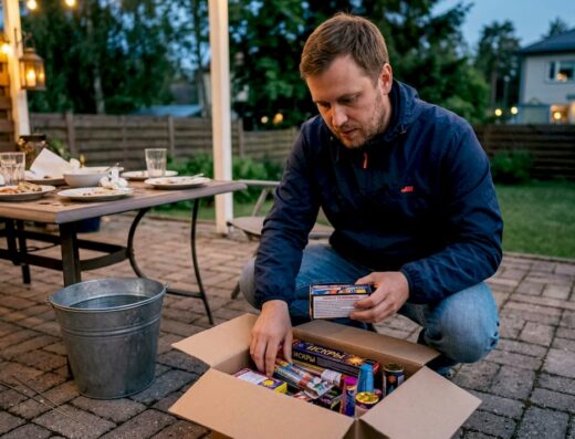 Mees valmistab ilutulestikku oma maalähedasel terrassil.