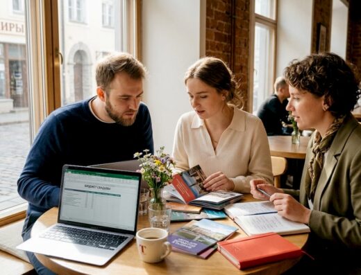 Paar koos korraldajaga arutab kõiki eelseisva pulma üksikasju.